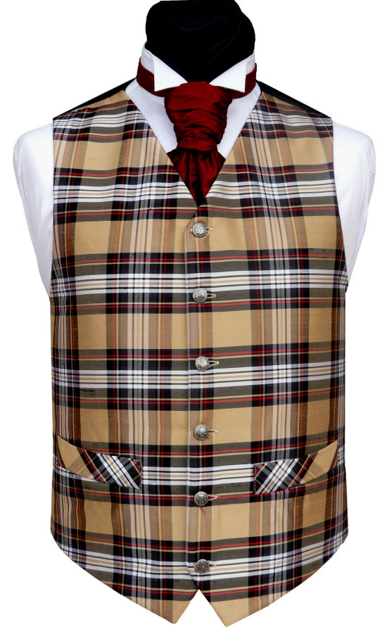 Waistcoat Style- TS159- Front Fabric- Camel Stewart Tartan Silk Dupion - Colour- Camel/Black/White- Buttons- Silver pattern- Back & Lining- Black Polyester- You can click here to view our waistcoat size chart.Please Note: Silk dupion is a natural fibre and there may be irregularities in the weave. This is part of the character of the fabric.