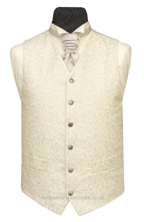 Wedding Waistcoats : Ivory / Pale Colour Waistcoats : Silver Metallic Swirls on Ivory Waistcoat