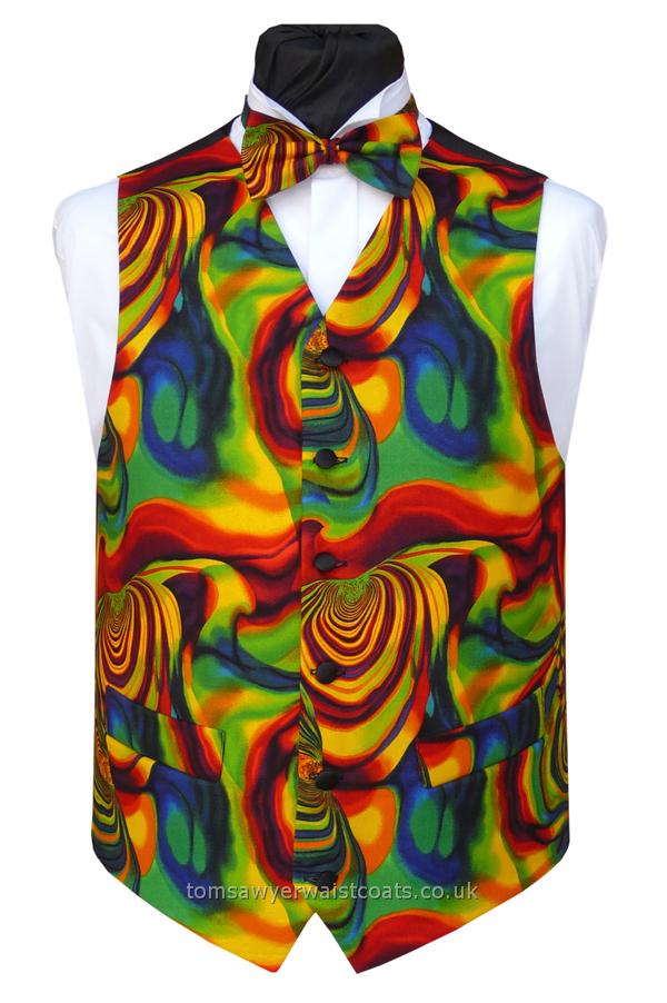 This novely waistcoat features Psychedelic swirls of vivid colour. - Waistcoat Style- TS271- Front Fabric- Cotton- Colour- Multi- Buttons- Black Satin- Back & Lining- Black Polyester- You can click here to view our waistcoat size chart. -