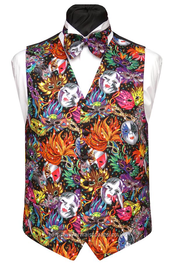 A vibrantly coloured pattern of carnival masks. Perfect for an evening party, black tie event or even a masquerade ball! - Waistcoat Style- TS317- Front Fabric- Printed Cotton- Colour- Multi- Buttons- Black satin- Back & Lining- Black Polyester- Please choose the size you require. You can click here to view our size chart to help you decide.