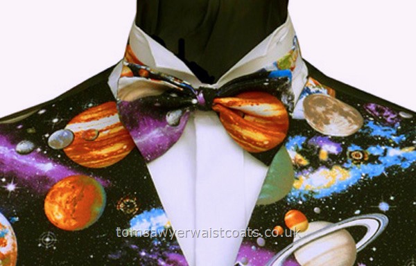 The sky at night - galaxies, planets and stars on a black background. Style- Pre-Tied Bowtie- Colour- Multi-coloured pattern on black- Fabric- Cotton-
