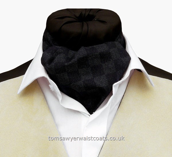 This self-tie cotton day cravat has a dotted geometric pattern made up of tiny grey dots on shades of navy. Approximate length 49'', width 5 3/4''- Neckwear Style- Self Tie Day Cravat- Fabric- Cotton- Colour- - Navy-