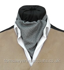 This cotton day cravat has a pale grey pattern of interlinking circles on a grey background. Approximate length 49'', width 5 3/4''- Neckwear Style- Self Tie Day Cravat- Fabric- Cotton- Colour- - Grey-