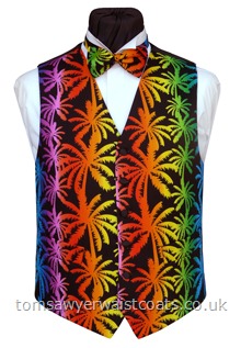 A bright print of palm trees in rainbow stripes of colour on a black background. Just one 42'' chest waistcoat /Regular length available from stock at this HOT OFFER Price. Waistcoat Style- TS449- Front Fabric- Cotton- Colour- Multi on Black- Buttons- Black Satin Covered- Back & Lining- Black Polyester- - - -