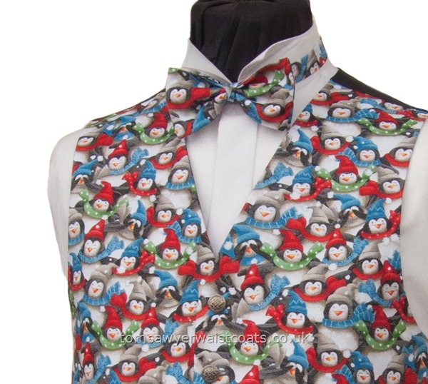 Christmas : Festive Waistcoats : Penguins Christmas Ready - tied Bowtie