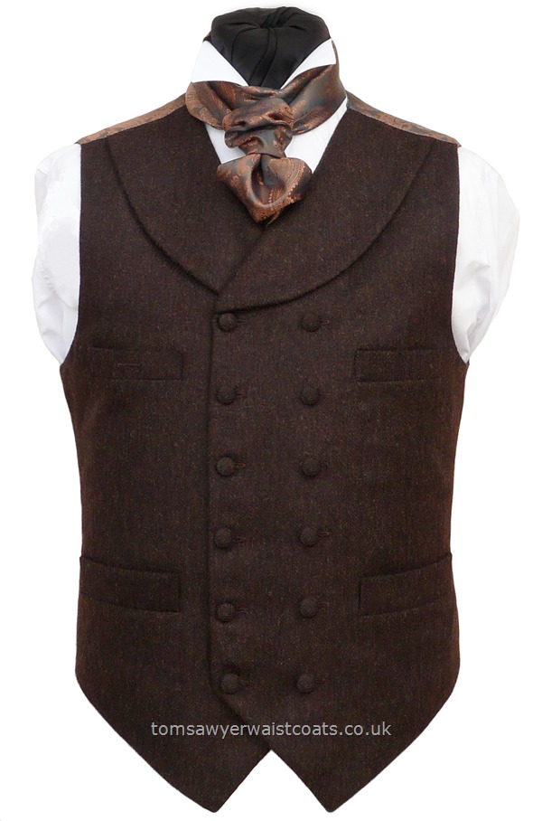 Traditional Waistcoats : Steampunk Waistcoats : Brown Tweed Victorian/Steampunk High Neck Double-Breasted Waistcoat with Shawl Collar