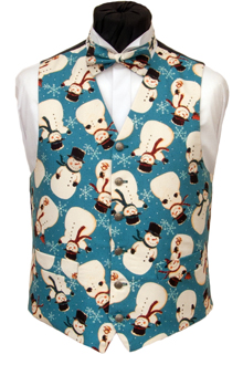 Snowmen and snowflakes in all directions adorn the Vintage teal colour background of this Christmas waistcoat. Waistcoat Style- TS522- Front Fabric- Cotton- Colour- Multi on Vintage Teal Background- Buttons- Silver Pattern- - Back & Lining- Black polyester- You can click here to view our waistcoat size chart. -