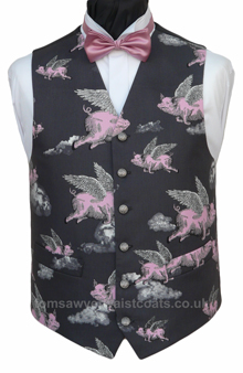 .Pink Porkies flying across a dark grey background. - Waistcoat Style- TS526HO- Front Fabric- 100% Cotton Print- Colour- Pink on Dark Grey- Buttons- Silver Patterned- Back & Lining- Black Polyester- Just one size 42'' Chest Regular length available at this HOT OFFER price- You can click here to view our waistcoat size chart. -