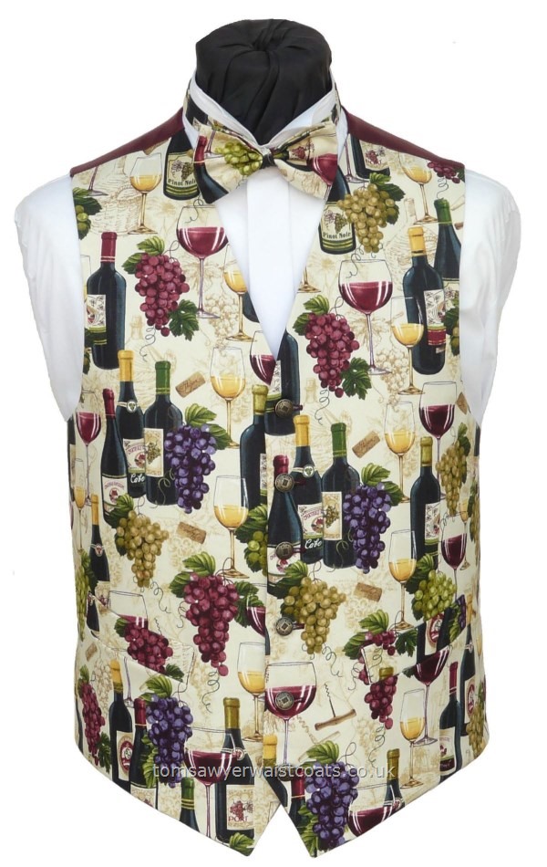 Both red and white wine feature on this waistcoat. A fine choice for a lover of fine wine. Fabric remaining for just one more of this popular waistcoat. Waistcoat Style- TS532- Front Fabric- 100% Cotton Print- Colour- Cream Background- Buttons- Black Satin Covered- Back & Lining- Burgundy trill- -