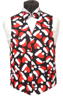 Scattered Santa hats on a black background will have you Ho Ho Ho-ing this Christmas. Waistcoat Style- TS538- Front Fabric- 100% Cotton- Colour- red, white and black- Buttons- Black satin covered - - Back & Lining- Black polyester- You can click here to view our waistcoat size chart.