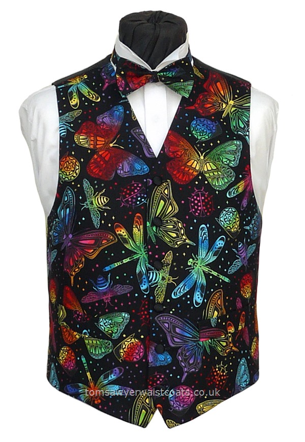 Do you have a passion for the smaller creatures? This waistcoat highlights dragonflies, butterflies, bees and other insects in bright rainbow colours. Waistcoat Style- TS548- Front Fabric- 100% Cotton Print- Colour- As shown- Buttons- Black satin covered- Back & Lining- Black polyester - You can click here to view our waistcoat size chart. -