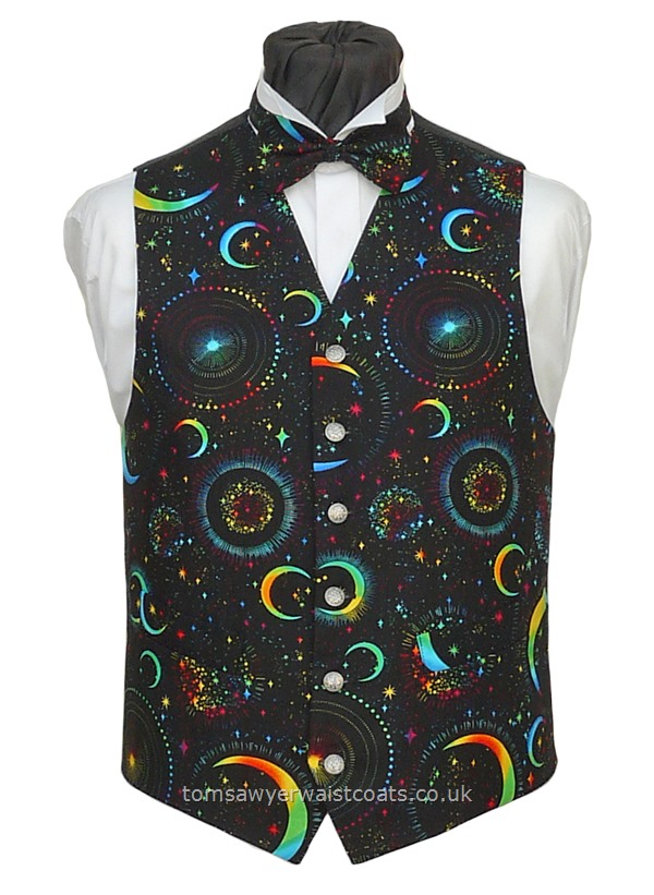 Bright rainbow colours highlight the detail on this night sky waistcoat. Waistcoat Style- TS547- Front Fabric- Cotton- Colour- Multi coloured pattern on black- Buttons- Silver patterned- Back & Lining- Black Polyester- You can click here to view our waistcoat size chart.