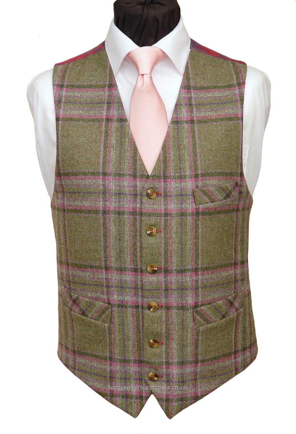 Traditional Waistcoats : Informal Waistcoats & Gentleman's Waistcoats : Green with pink and purple Check Tweed Waistcoat