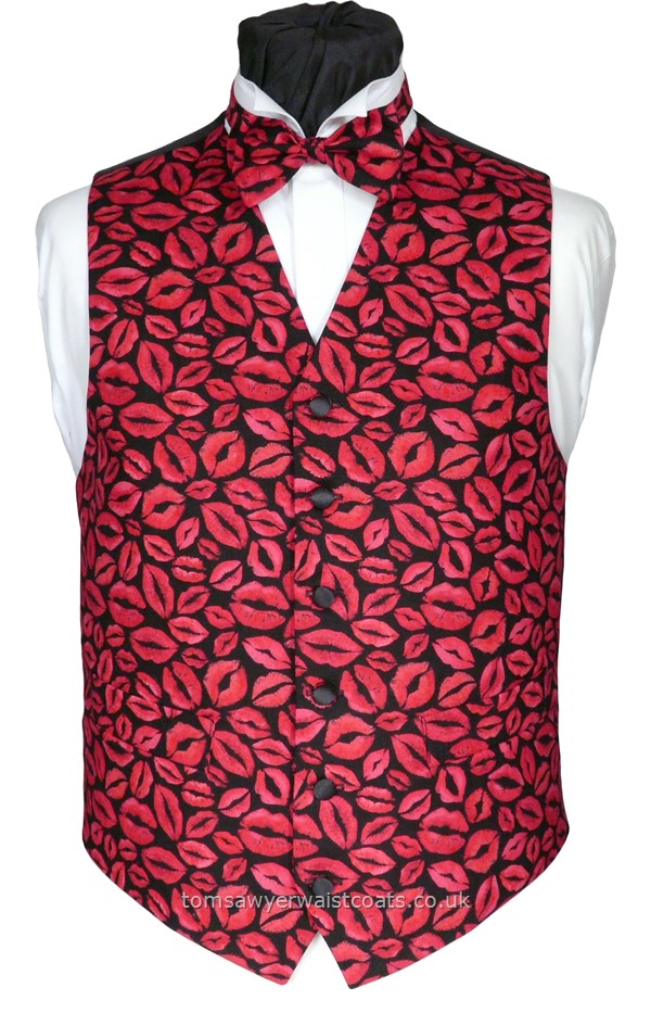 You may feel very appreciated wearing a waistcoat covered in lipstick kisses! Waistcoat Style- TS563- Front Fabric- Cotton- Colour- Red & Pink on Black Background- Buttons- Black satin covered- Back & Lining- Black Polyester- You can click here to view our waistcoat size chart.