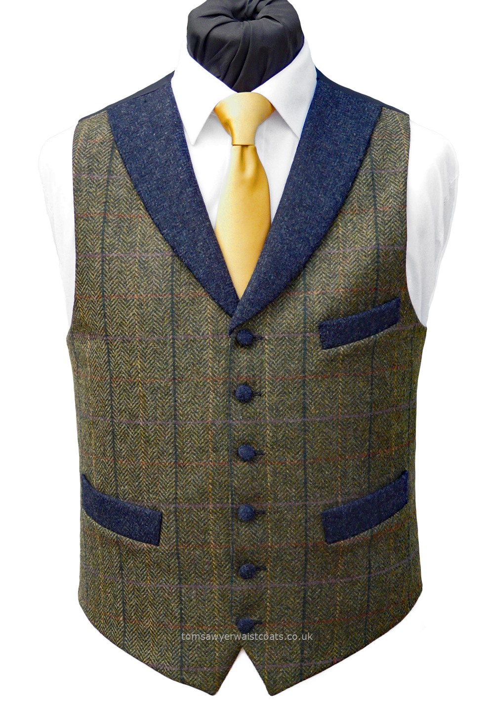 Traditional Waistcoats : Informal Waistcoats & Gentleman's Waistcoats : Winchester Green Tweed Waistcoat With Blue Shawl Collar