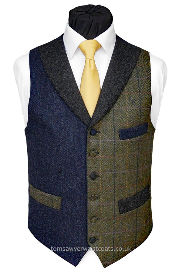 A fabulous addition to our Totnes collection of unusual and slightly quirky waistcoats. A soft flint blue tweed has been paired with a rich green tweed with yellow and blue overcheck and charcoal tweed collar and pocket detail. As with most of our waistcoats, this style is individually made to order so if you are looking for an extra long waistcoat or large size we will be able to accommodate your requirements. - Style- TS568- Fabric- Front -100%....