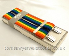 Men's rainbow stripe 35mm braces with silver colour clips. One size and fully adjustable. Unstretched, they measure approximately 43'' from front to back. Supplied boxed. - Hot offer price while stocks last only!