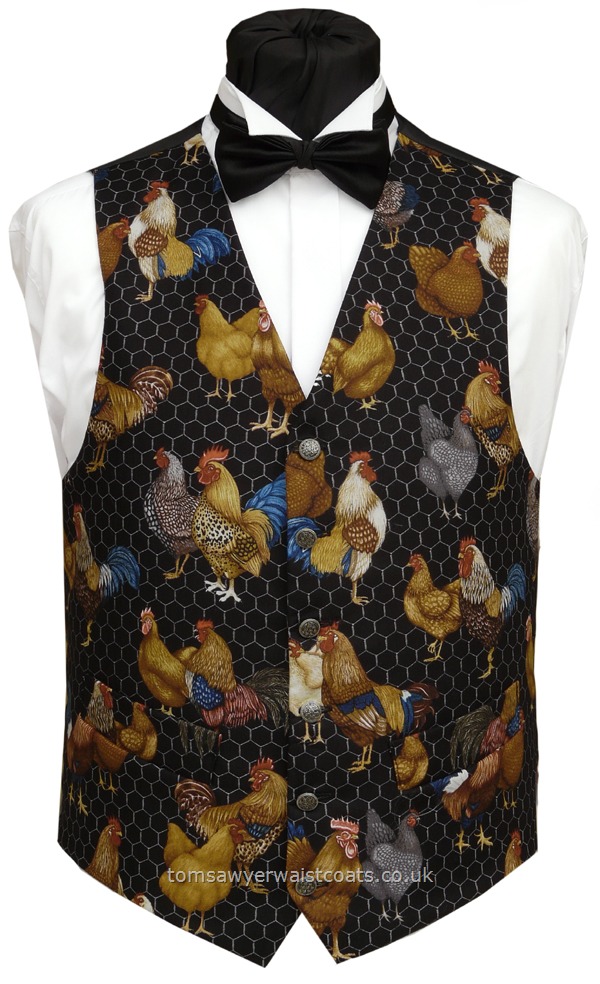 This chickens waistcoat features an assortment of hens and cockerels, with chicken wire on a black background. Waistcoat Style- TS378- Front Fabric- Cotton- Colour- Chicken Pattern on Black- Buttons- Silver Pattern- Back & Lining- Black Polyester- - - -You can click here to view our waistcoat size chart.