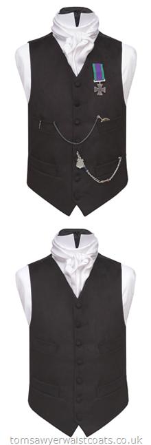 Our high neck steampunk fashion waistcoats are the perfect choice for the discerning gentleman. This Victorian style waistcoat is made in a black 100% cotton moleskin fabric, has four pockets and is supplied with two additional buttonholes (between buttons 4 & 5 and on the top right pocket), to accommodate the wearer's monocle and fob chain. As with most of our styles, this waistcoat is available to fit XXXL sizes and extra length. -Please note t....
